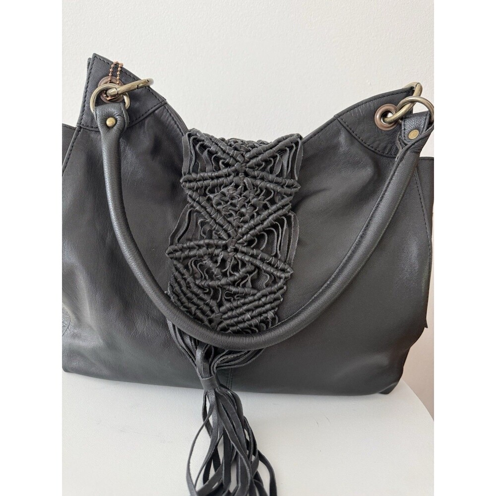 La Marey Genuine Leather Black Boho Hobo Shoulder Bag Woven Fringe Tassel